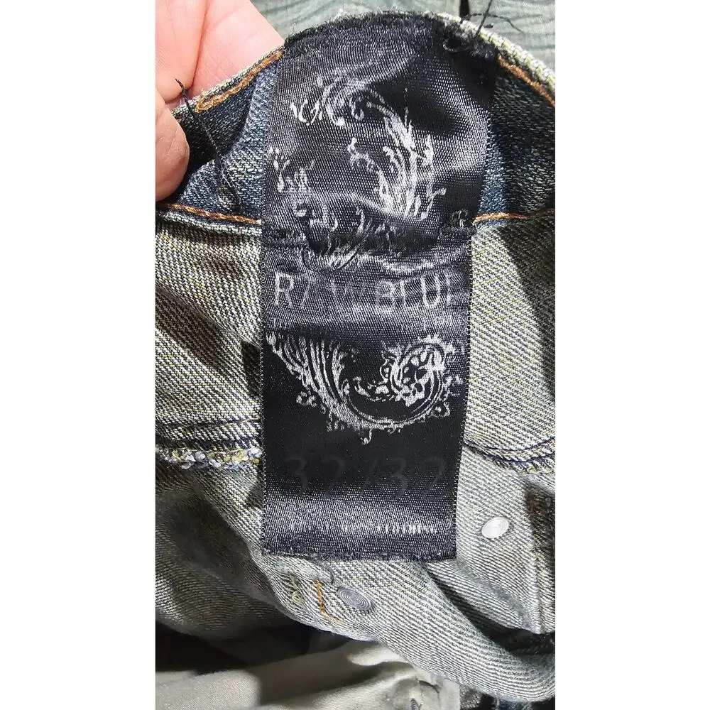 Raw Blue Jeans, Rare, Vintage, Y2K, Embroidered, Streetwear, Mens Size 32/32